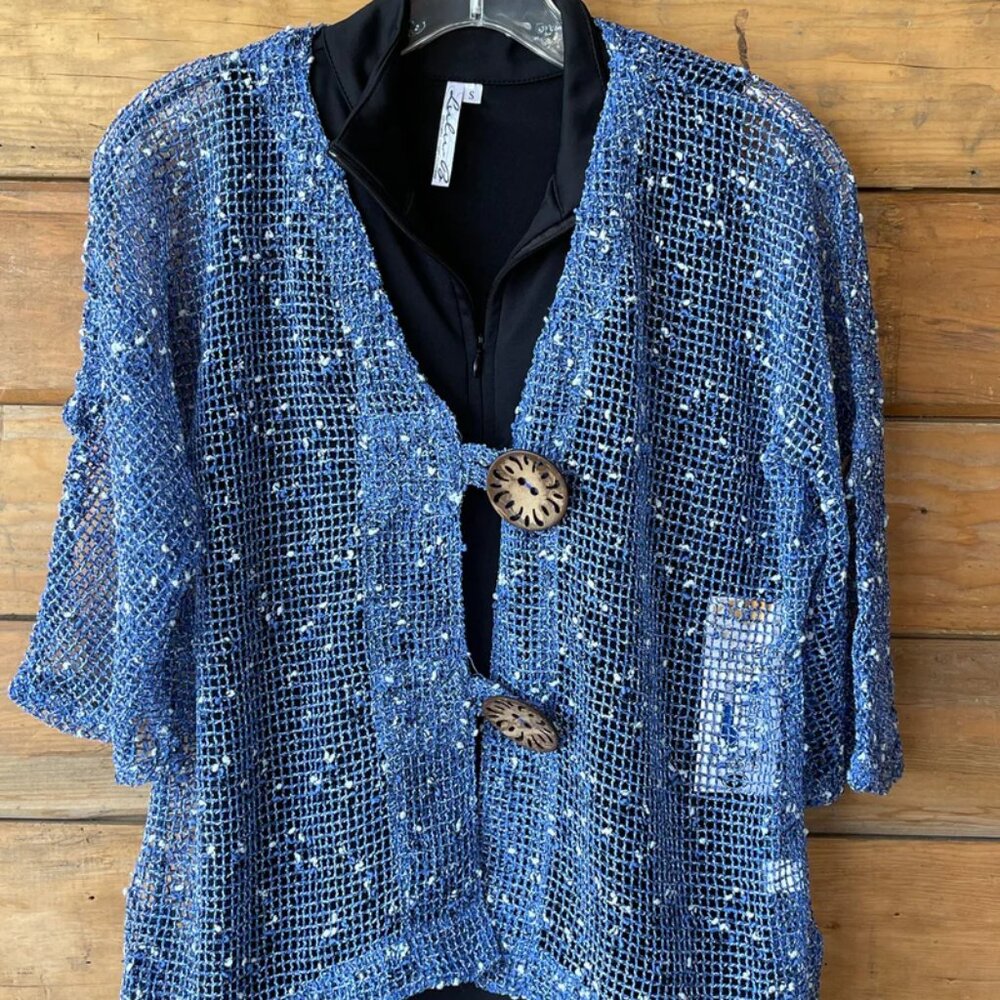 NWT Ladies Lulu-B Blue Mesh Open Weave Cardigan with Oversized Wood Buttons